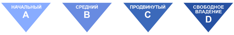4 уровня владения языком: А - Базовый B - Средний C - Продвинутый D - Свободное владение
